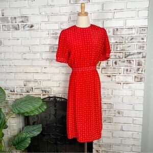 Vintage 80s Petites for Maggy Red Secretary Puff Short Sleeve Pleated Midi Dress